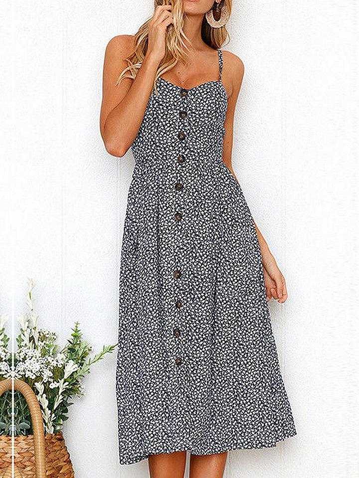 Choies Blue Spaghetti Strap Floral Print Button Placket Midi Dress