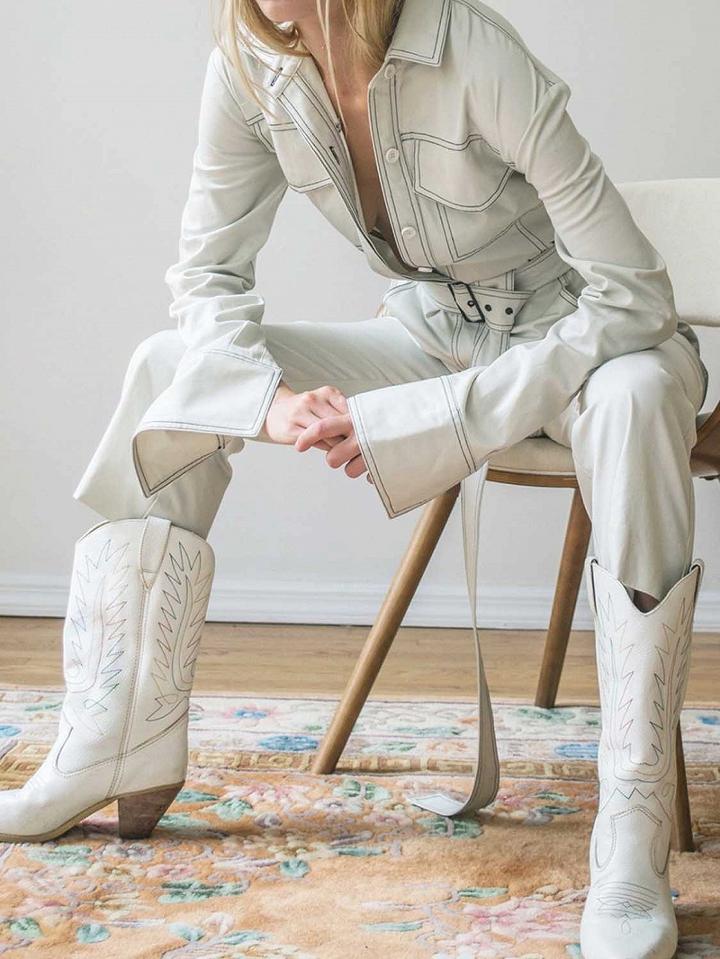 Choies White Lapel Button Placket Front Long Sleeve Denim Jumpsuit