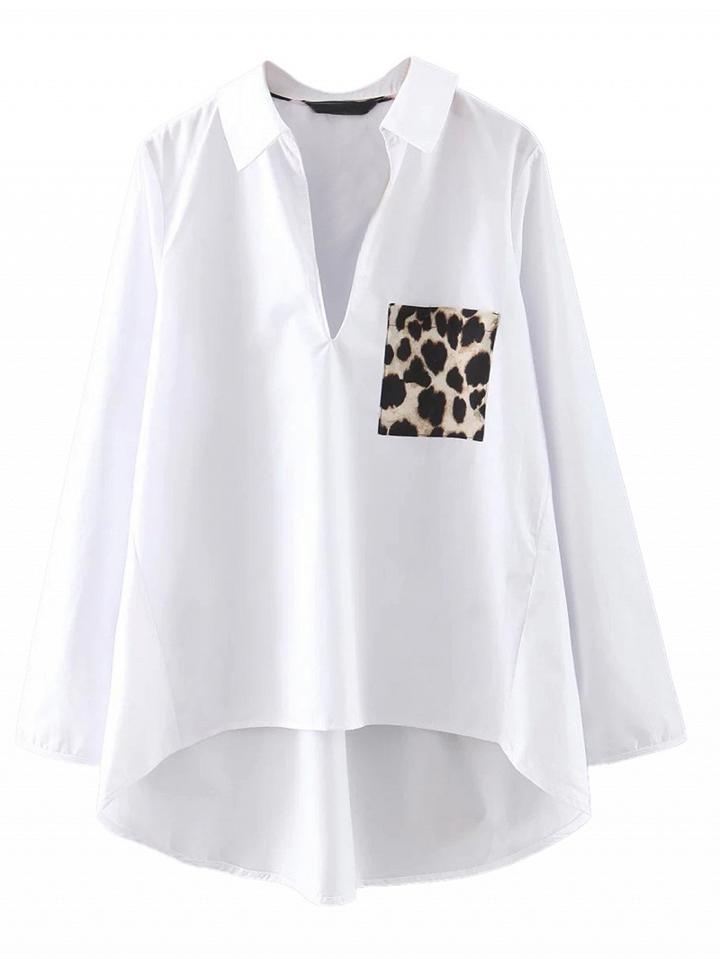 Choies White V-neck Leopard Pocket Dipped Hem Long Sleeve Shirt