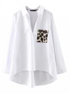 Choies White V-neck Leopard Pocket Dipped Hem Long Sleeve Shirt