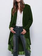Choies Green Velvet Open Front Ruffle Hem Long Sleeve Coat