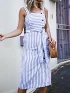 Choies Blue Stripe Cotton Button Placket Front Tie Waist Chic Women Dress