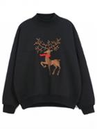 Choies Black High Neck Embroidery Deer  Long Sleeve Sweatshirt