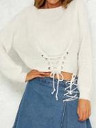 Choies White Eyelet Lace Up Front Long Sleeve Chic Women Sweater