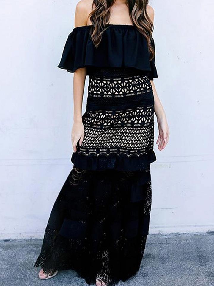 Choies Black Off Shoulder Ruffle Trim Chic Women Lace Maxi Dress