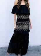 Choies Black Off Shoulder Ruffle Trim Chic Women Lace Maxi Dress