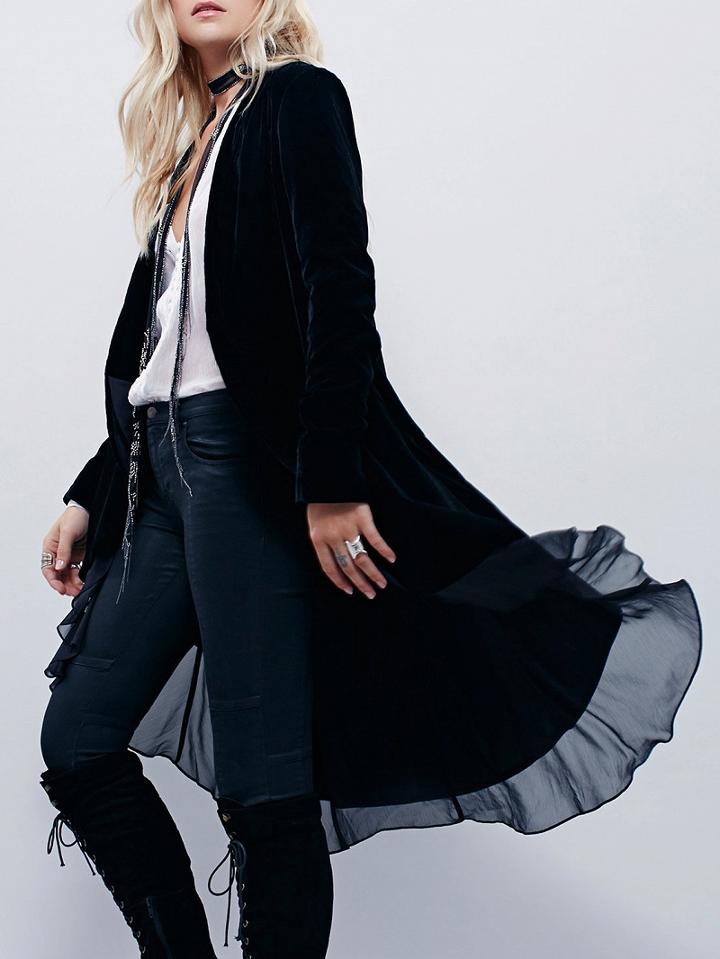 Choies Black Velvet Open Front Ruffle Hem Long Sleeve Coat