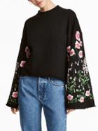 Choies Black Embroidery Floral Bell Sleeve Raw Hem Sweatshirt