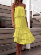 Choies Yellow Bandeau Layered Ruffle Hem Women Midi Dress