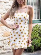 Choies White Sunflower Print Tie Back Ruffle Hem Cami Mini Dress