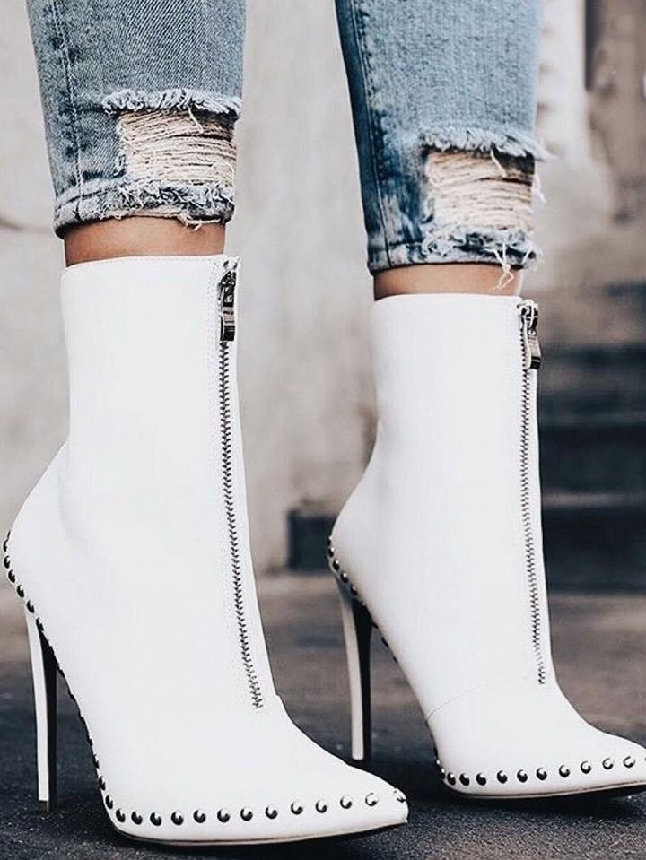 Choies White Pu Stud Detail Pointed Toe High Heeled Ankle Boots