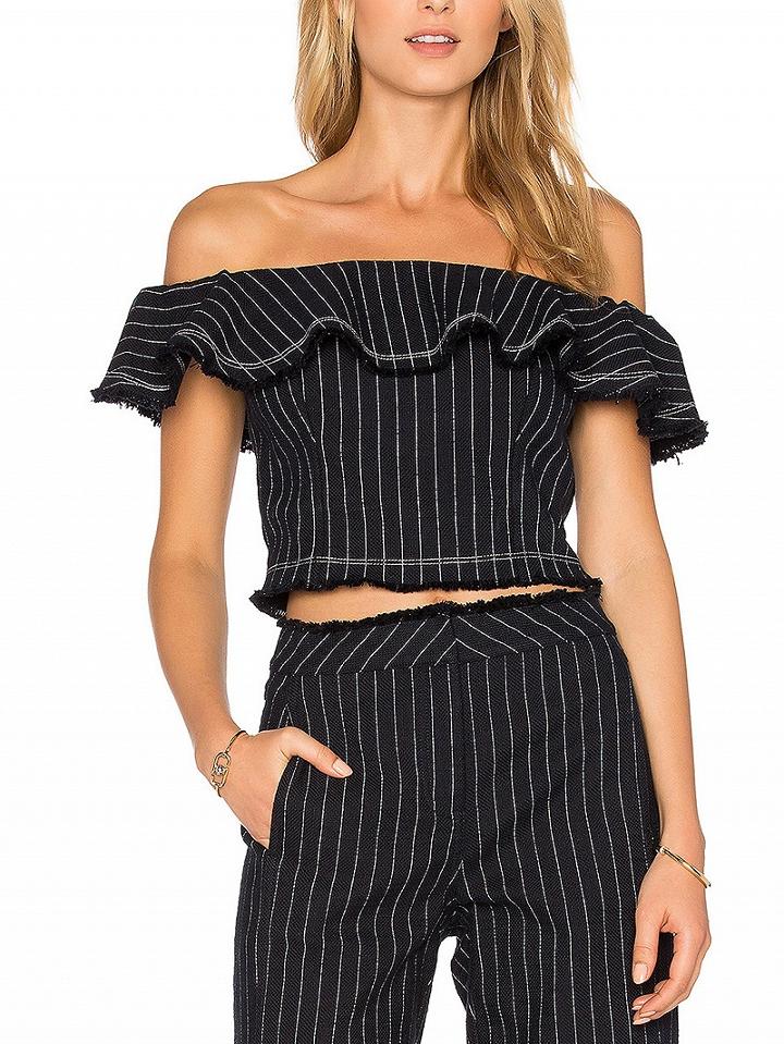 Choies Black Pinstripe Off Shoulder Ruffle Crop Top