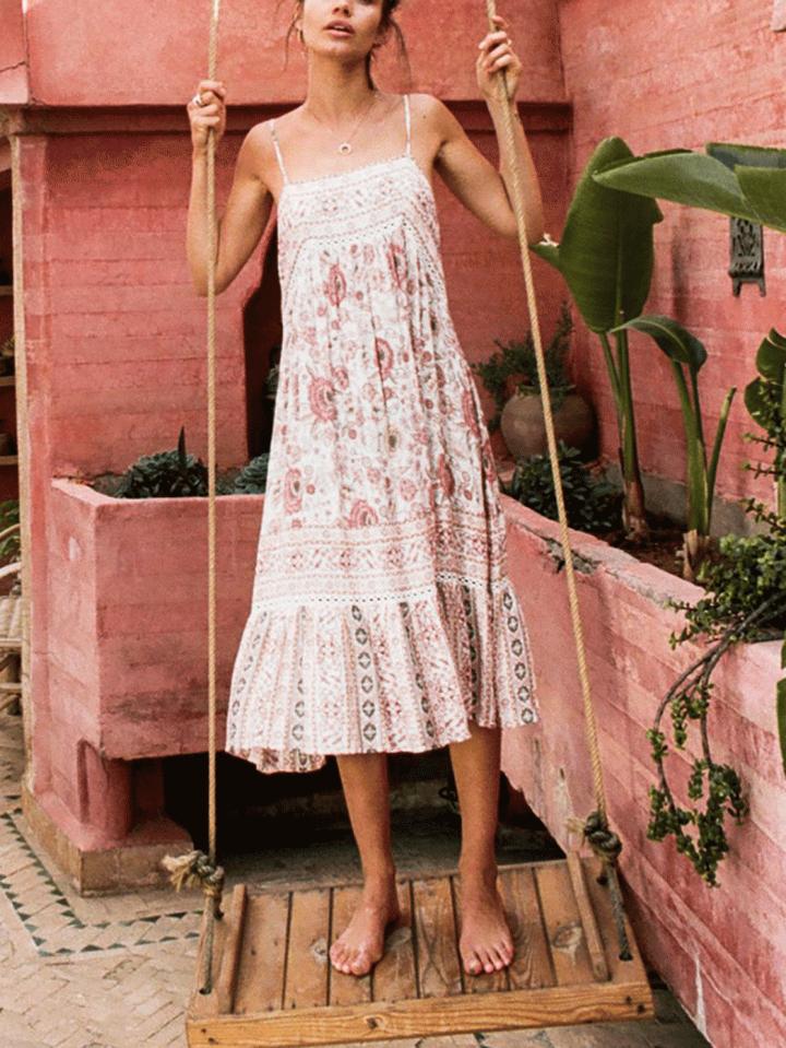 Choies Beige Spaghetti Strap Floral Print Open Back Midi Dress