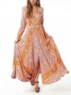 Choies Pink V-neck Floral Button Up Long Sleeve Boho Maxi Dress