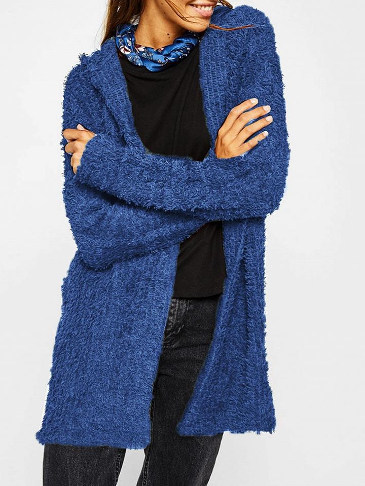 Choies Blue Long Sleeve Women Fluffy Hooded Cardigan