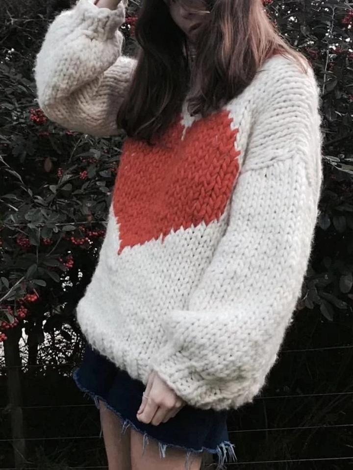 Choies White Heart Pattern Mohair Knit Sweater