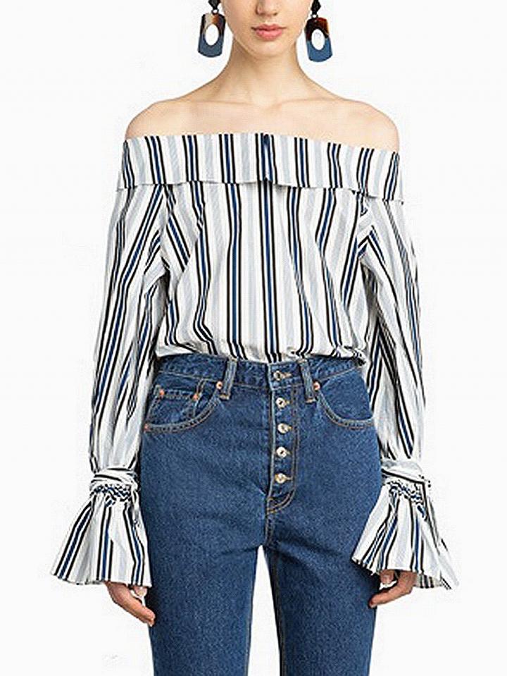 Choies White Contrast Stripe Off Shoulder Long Sleeve Blouse