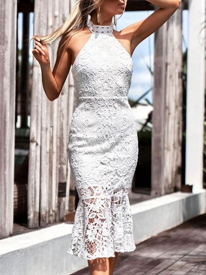 Choies White Halter Open Back Chic Women Lace Bodycon Midi Dress