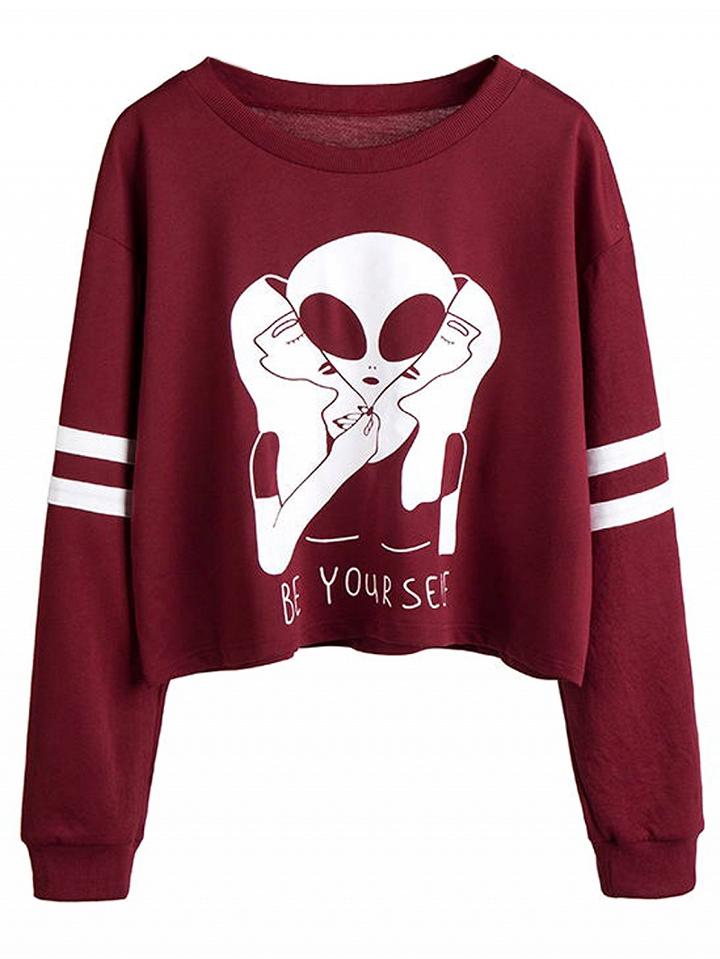 Choies Burgundy Alien Print Long Sleeve Sweatshirt