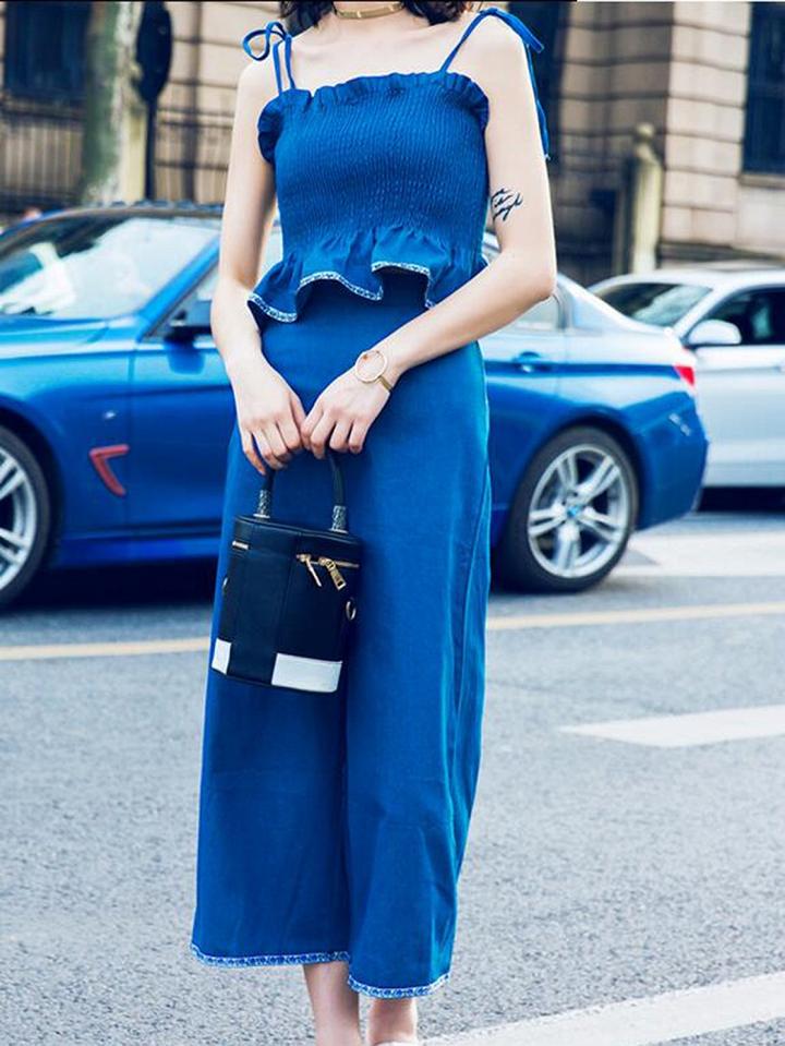 Choies Blue Cotton Ruffle Trim Chic Women Crop Cami Top And High Waist Pants