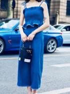 Choies Blue Cotton Ruffle Trim Chic Women Crop Cami Top And High Waist Pants