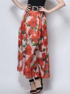 Choies Red Floral Leaves Print Ruched High Waist Maxi Skirt
