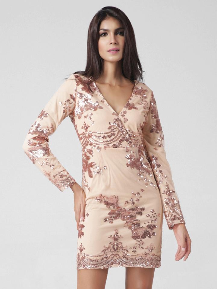 Choies Beige V-neck Sequins Long Sleeve Overlay Mesh Bodycon Dress