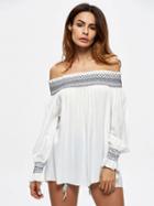 Choies White Stretch Off Shoulder Embroidery Long Sleeve Blouse