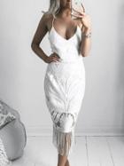Choies White V-neck Open Back Chic Women Lace Cami Bodycon Midi Dress