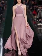 Choies Pink Chiffon Halter Thigh Split Side Sleeveless Chic Women Maxi Dress