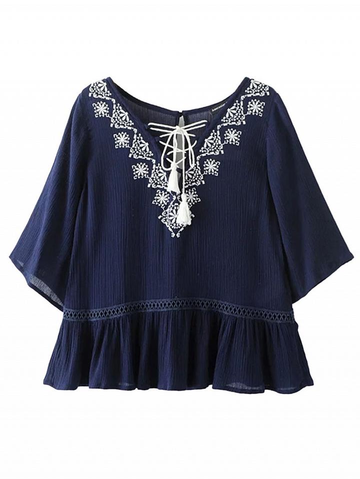 Choies Navy Embroidery Detail Tie Front Ruffle Blouse