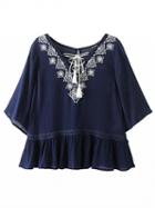 Choies Navy Embroidery Detail Tie Front Ruffle Blouse