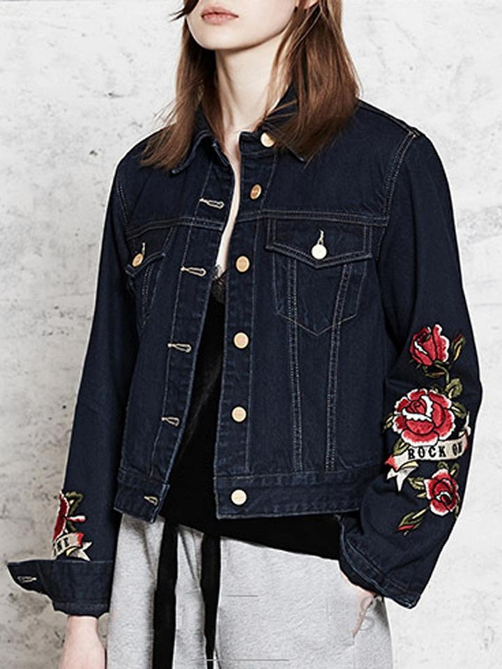 Choies Dark Blue Floral Patch Detail Denim Jacket