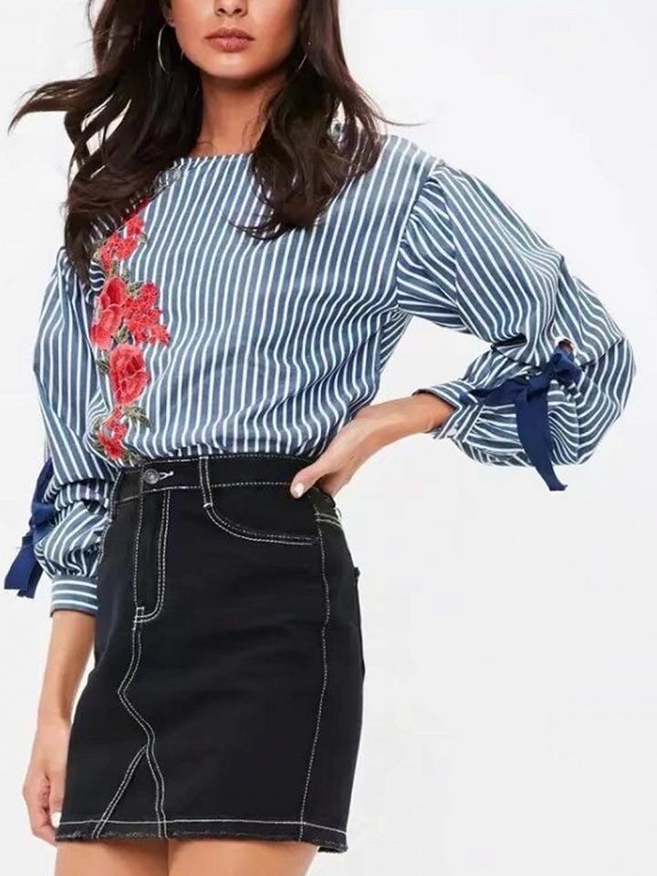 Choies Blue Stripe Patch Detail Long Sleeve Blouse