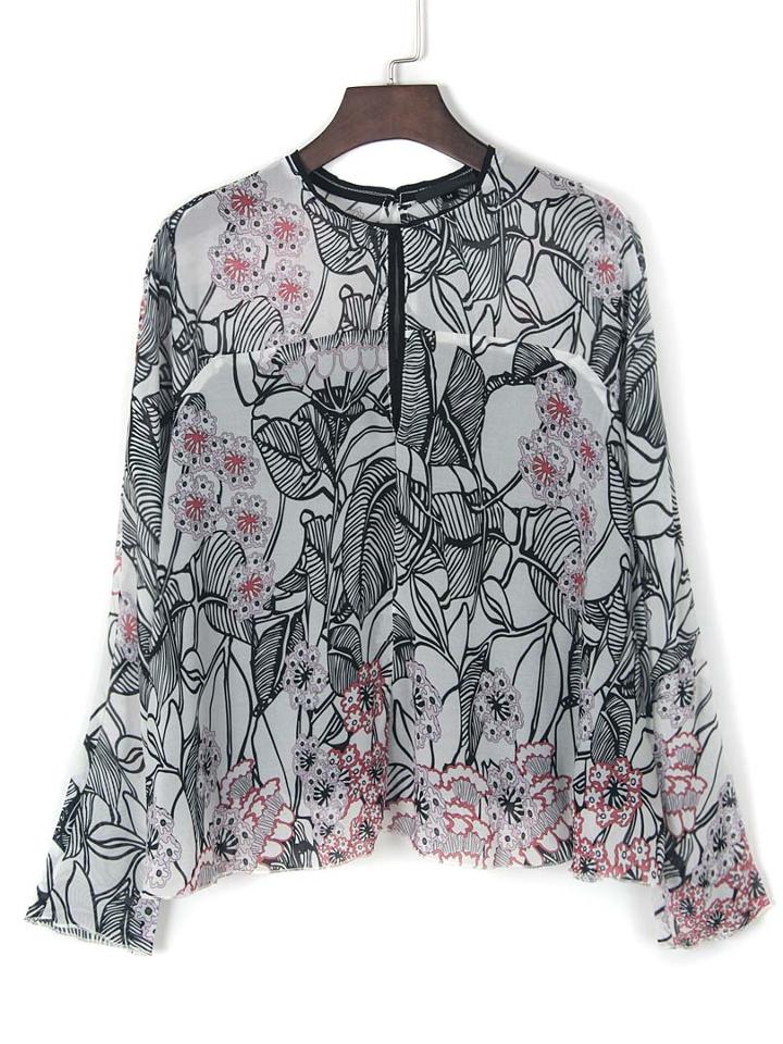 Choies Multicolor Sheer Floral Leaves Print Keyhole Detail Blouse