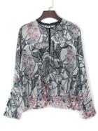 Choies Multicolor Sheer Floral Leaves Print Keyhole Detail Blouse