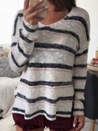 Choies White Stripe V-neck Long Sleeve Chic Women Knit Sweater