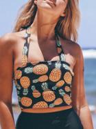 Choies Black Halter Pineapple Print Bikini Top And High Waist Bottom