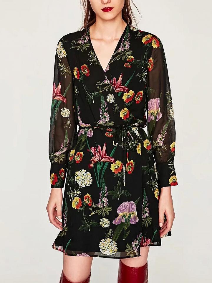 Choies Polychrome Wrap V-neck Floral Tie Waist Long Sleeve Dress