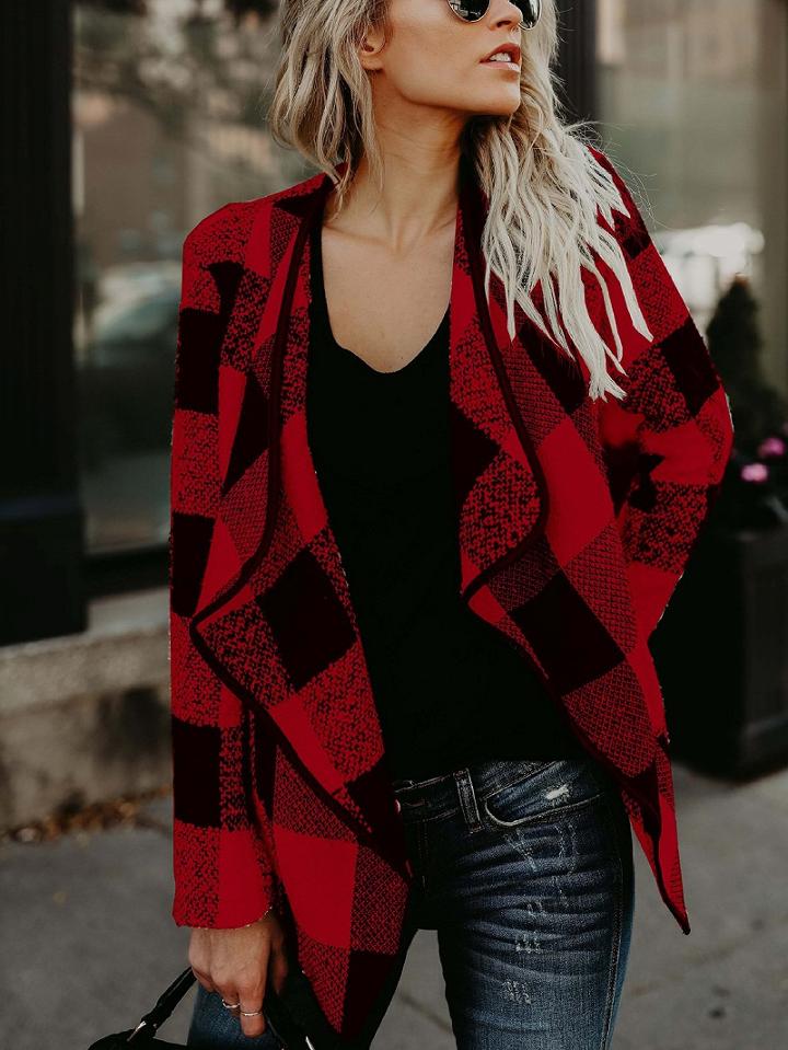 Choies Red Plaid Lapel Open Front Long Sleeve Coat