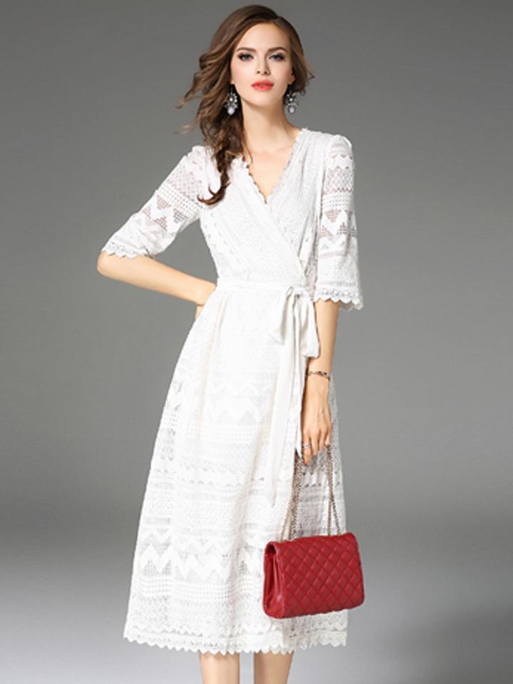 Choies White V-neck Tie Waist Cut Out Detail Lace Midi Dress