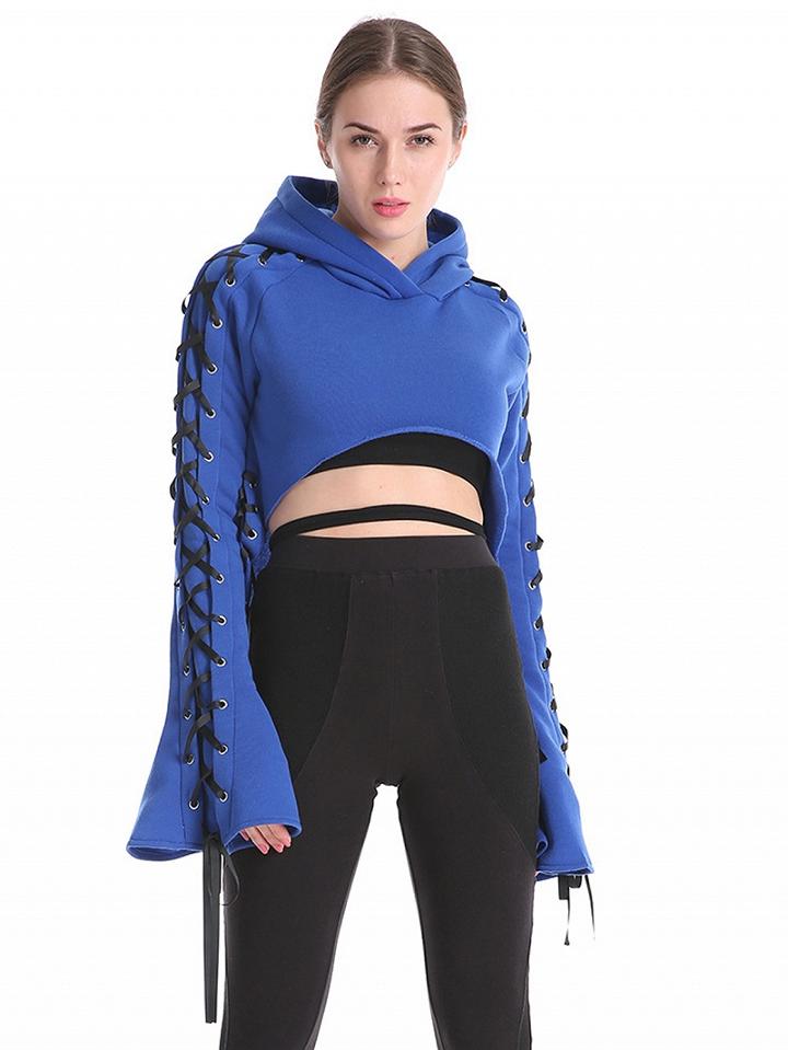 Choies Blue Lace Up Detail Long Sleeve Crop Hoodie