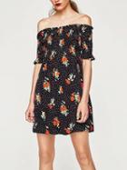 Choies Black Stretch Off Shoulder Floral Short Sleeve Mini Dress