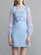 Choies Blue High Neck Lace Panel Ruffle Detail Mesh Sleeve Mini Dress