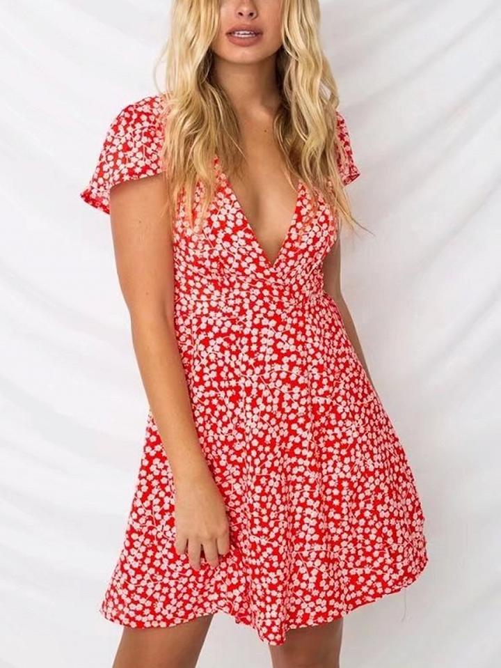Choies Red Plunge Tie Waist Print Detail Mini Dress