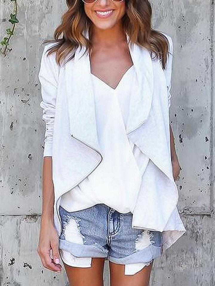 Choies White Zip Front Long Sleeve Coat