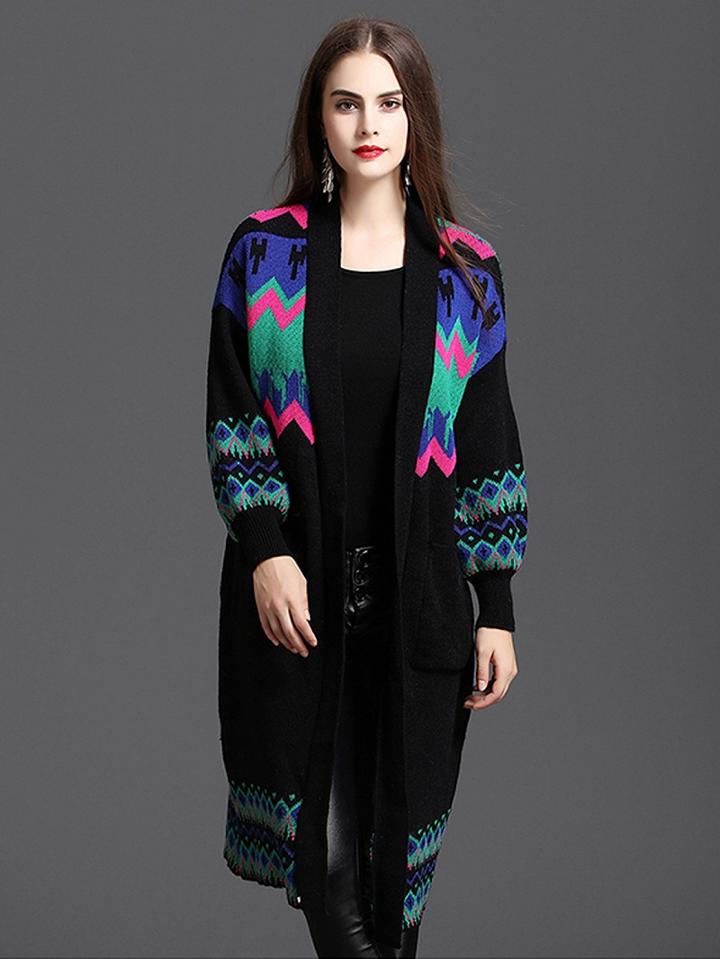 Choies Black Open Front Geo Pattern Longline Cardigan