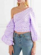 Choies Fuchsia Stripe One Shoulder Tie Strap Ruched Puff Sleeve Top