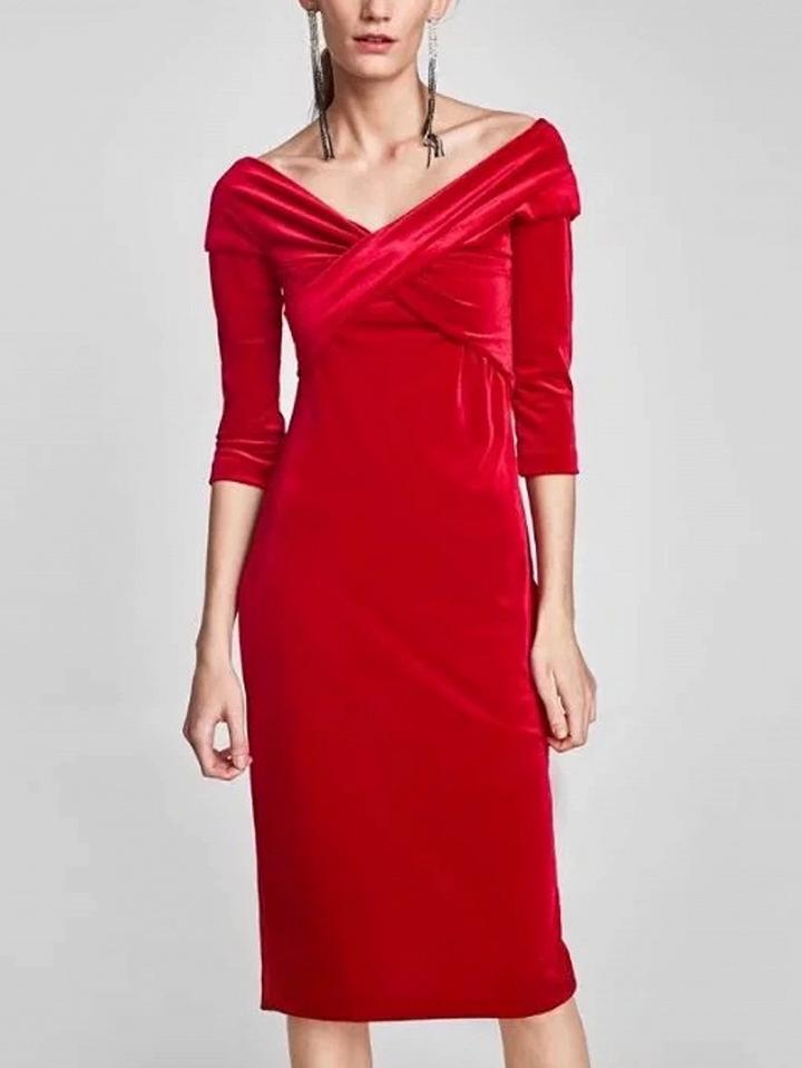 Choies Red Velvet V-neck Cross Front Dress