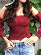 Choies Red Plaid Cotton Blend Off Shoulder Long Sleeve Chic Women Crop Blouse